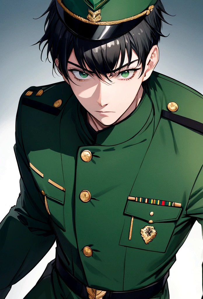 One cool guy、Mouth open、Frustrated expression、Green military uniform、Black Hair、Dark Eyes