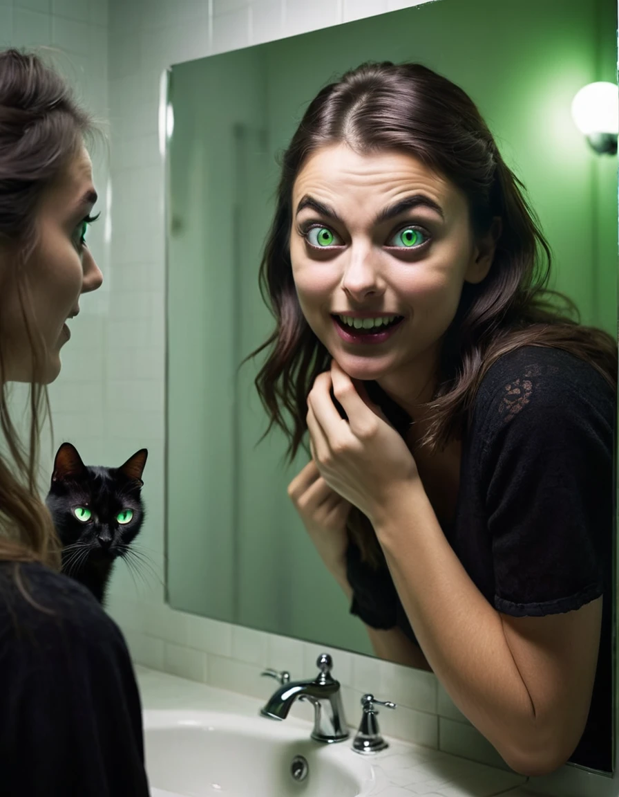 Split-screen image: on the left side, a normal bathroom with a young woman looking into a mirror, her expression worried. On the right side, the same bathroom but darker and distorted, showing the woman's reflection in the mirror with glowing green eyes and a malevolent smile. The reflection's hand is reaching out of the mirror towards the real woman. In the background of both sides, barely visible, is the silhouette of a black cat. The overall tone is creepy and suspenseful, with sharp contrasts between light and shadow.