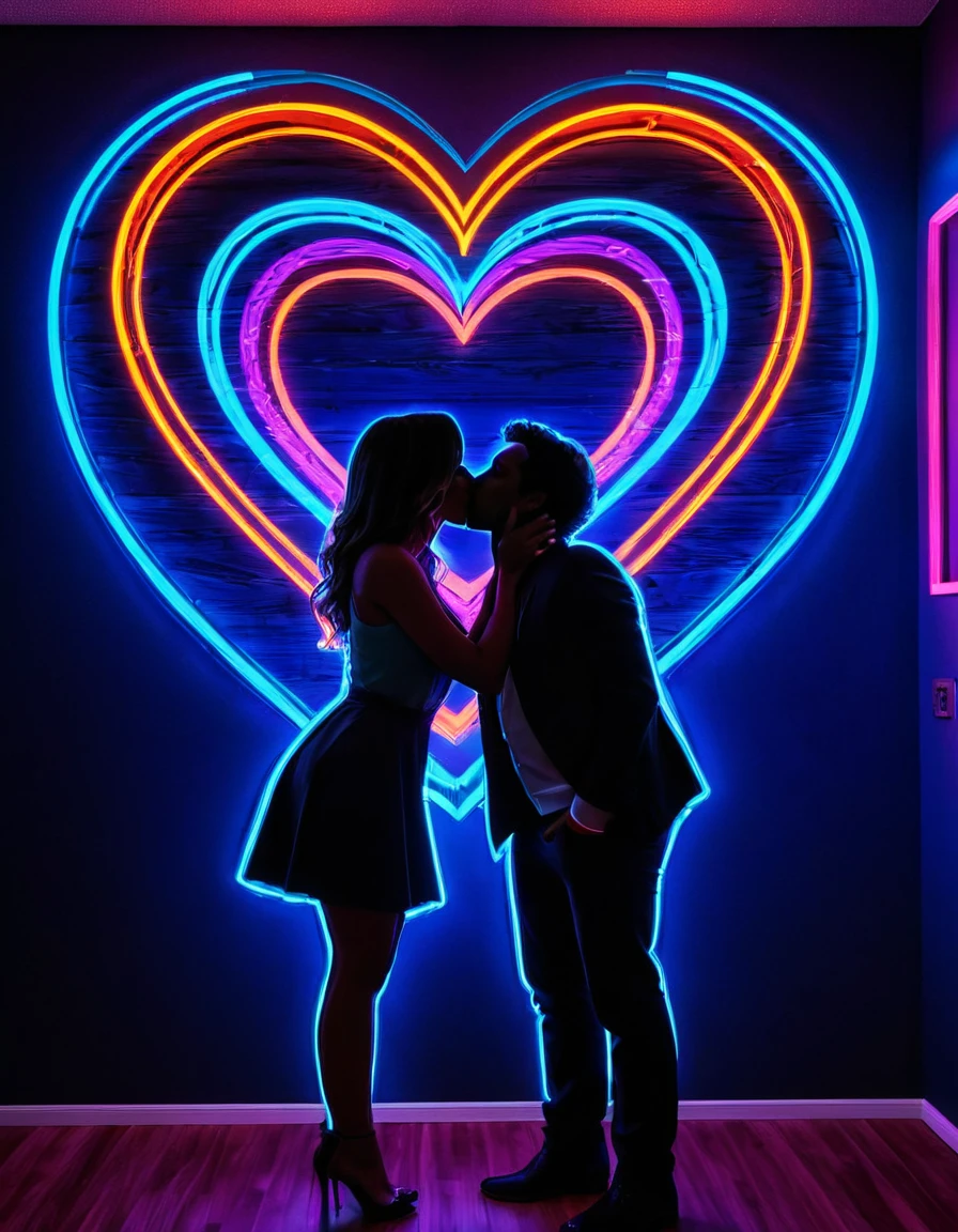 A vibrant neon art piece featuring the silhouette of a couple kissing. The background is adorned with colorful neon heart shapes in blue and orange, creating a striking contrast against the dark backdrop. The overall composition evokes a sense of romance and modern artistic expression, with the couple's silhouette illuminated by the glow of the neon lights.