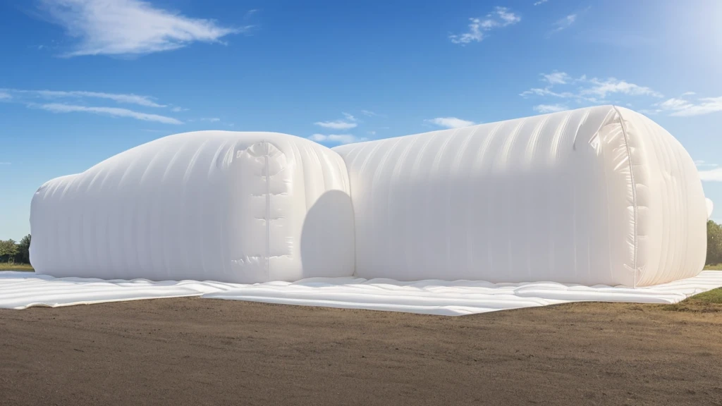 Realistic panorama of a inflatable installation in the shape, white inflatable plastic film material, wrapped in a white polyester sheet. close-up，minimalist, surreal, most best quality,32K Ultra HD