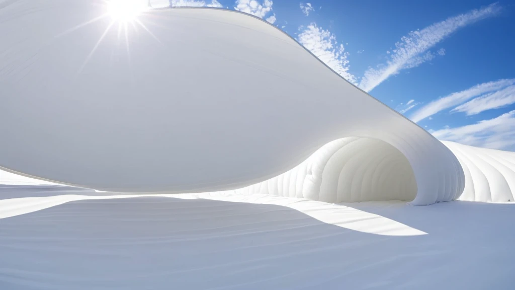 Realistic panorama of a inflatable installation in the shape, white inflatable plastic film material, wrapped in a white polyester sheet. close-up，minimalist, surreal, most best quality,32K Ultra HD