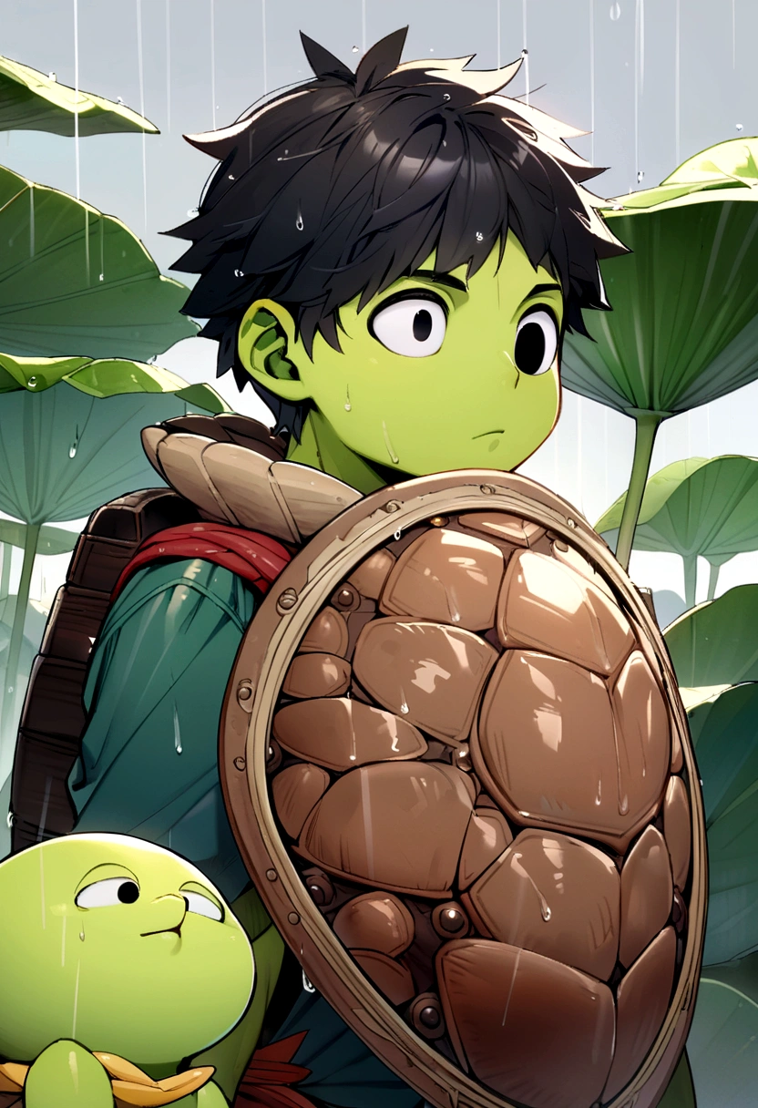 male kappa, black hair covering one eye, big round black eyes, yellow beak, green skin, brown turtle shell on back, holds lotus leaf to shield from rain, thin body