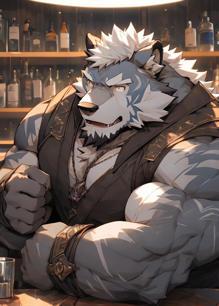 (masterpiece),(Very detailed),(best quality),solitary,hairy,Wolf,Gray blue fur,White hair,black beard,muscular,Strong body,Mercenary Outfit,Open,Bar Background,8K,indifferently((high quality))