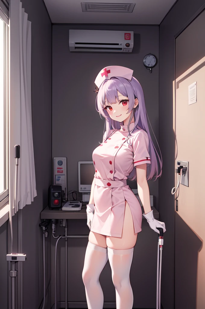 1woman, solo, nurse, white nurse cap, white nurse uniform, ((white legwear, zettai ryouiki)), white gloves, long hair, purple hair, red eyes, pink lips, smile, standing, ((hospital room)), sharp outline, short sleeves, mature female, 35 years old, best quality, masterpiece