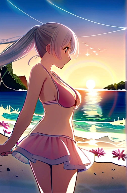 Silver-haired girl drawn in high resolution Japanese anime style、Standing alone on the white sand beach of a deserted island。She is wearing a gorgeous pink bikini.、Her hair is in a ponytail that sparkles in the light...。The sea in the background shines emerald green...、The beach is littered with shells and pebbles.、time々、Small waves gently wash up on the shore。Tropical wood々Swaying in the Wind、Mr...々Among the branches々Birds are singing..。wood々Colorful flowers blooming in abundance、The entire island is filled with abundant nature...。On the horizon of a distant sea、The setting sun casts a beautiful orange glow over the ocean.、It gives the whole place a mystical feel...。、Wakame seaweed、Wakame seaweed、Wakame seaweed、Wakame seaweed、Wakame seaweed、Wakame seaweed、