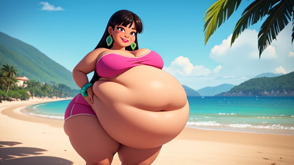 (work of art:1.2, best qualityer:1.2), SSBBW, Giant breasts, thunder thighs, soft ambient lighting, perfect lighting, 1 girl, standing alone, Chel, Bblack hair, long hair, rhombus stripe, eyes browns, darkskin, lipstick, breasts big, Broad Hips, top of the tube, neckleace, bared shoulders, emerald earrings, emerald bracelets, looking at the camera with a smug expression on his face, beach background, very large body, fat belly rolls, big breasts, sexy smile, fat arms, thunder thighs, super fat, looking at viewer, wet clothes, sweating very hard, sexy looking, blob