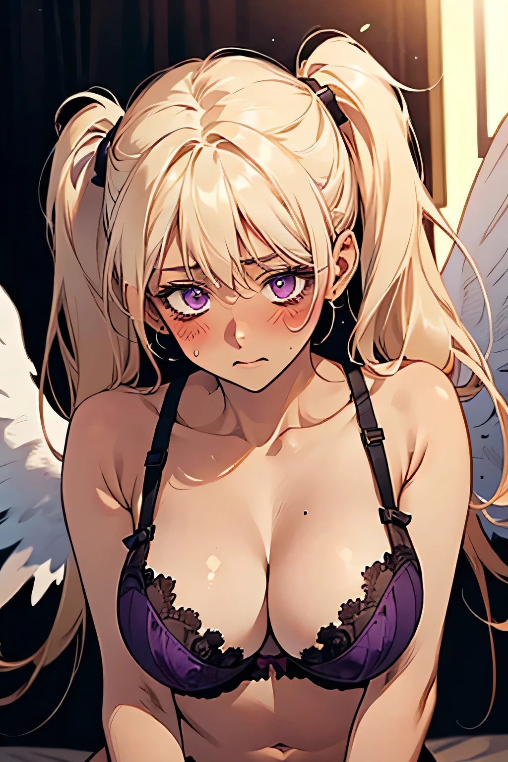 Twin tails,((blonde)),((Embarrassing)),((Blush 1.5)),Purple eyes,Large Breasts,Dark purple bra,((Brown Skin:1.5)),Angel Wings,face down. Background is indoor,night.