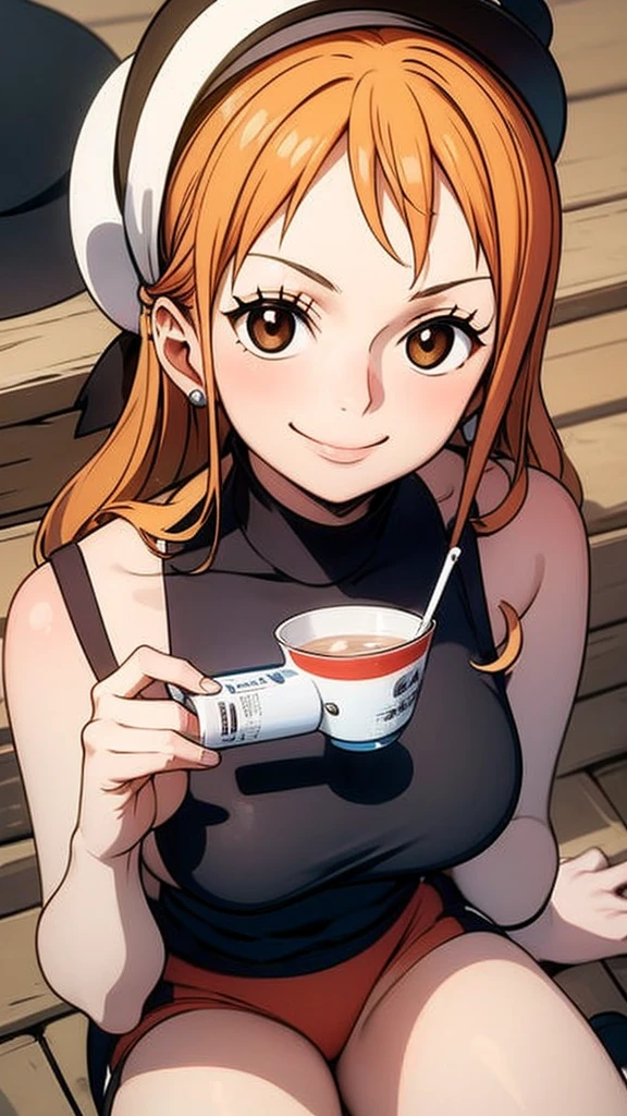 masterpiece,bestquality,1girl,smile, sit,drink juice,hold cup,black hat