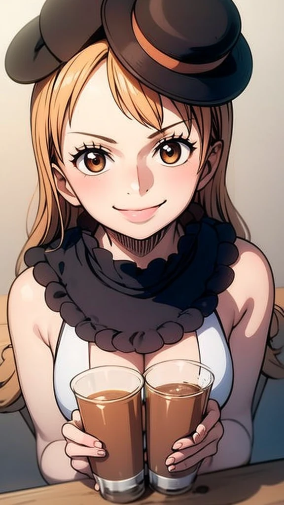 masterpiece,bestquality,1girl,smile, sit,drink juice,hold cup,black hat