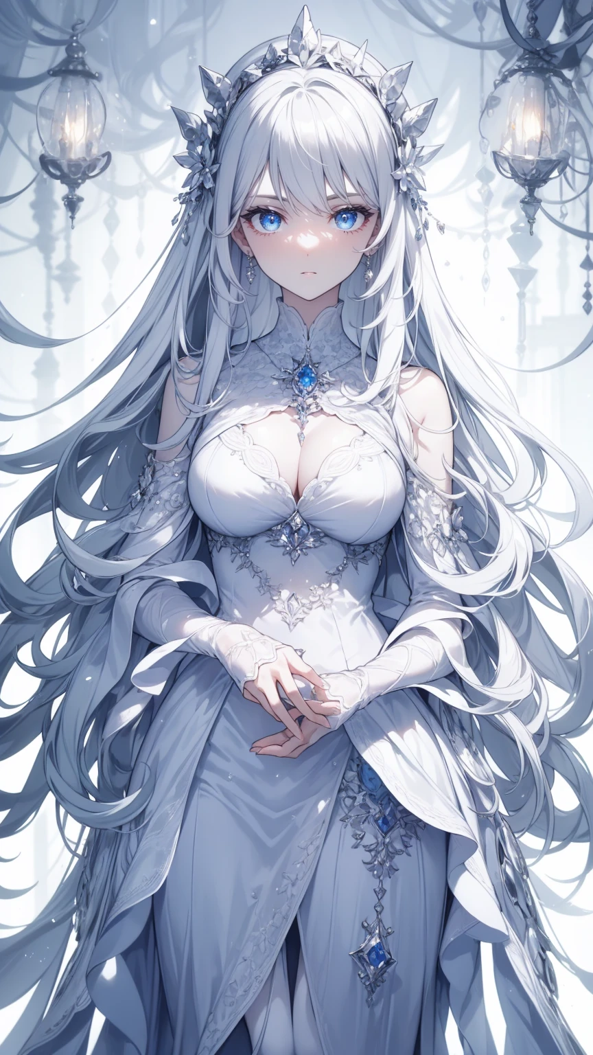 (masterpiece),((Highly detailed long silver hair)),((expressive blue eyes)),(Highly detailed white dress),deep cleavage,serious expression,extremely beautiful mature woman, milf,pale white skin,silver jewelry,best quality,cel shading,etherial light,8K HD,highly detaild face, highly detaild eyes,flat color,(fullbody angle),high contrast,ufotable art style,contrapposto,white background