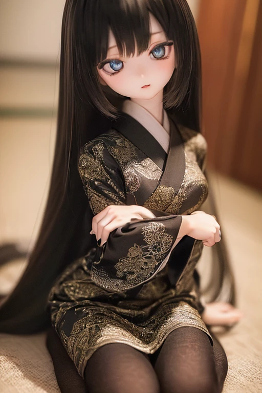 photorealistic, realistic photo, ((highest quality)), ((masterpiece)), (extremely detailed), kukolnydom, doll, (mature woman, 22yo, 22 years old:1.6), solo, ((full body, seiza, leaning on wall, black kimono, skinny, slender, slim, parted lips)), green eyes, (black hair, long hair, looking at another, blank eyes, empty eyes, detailed eyes, detailed face:1.3), hair ornament, Japanese room, 8k