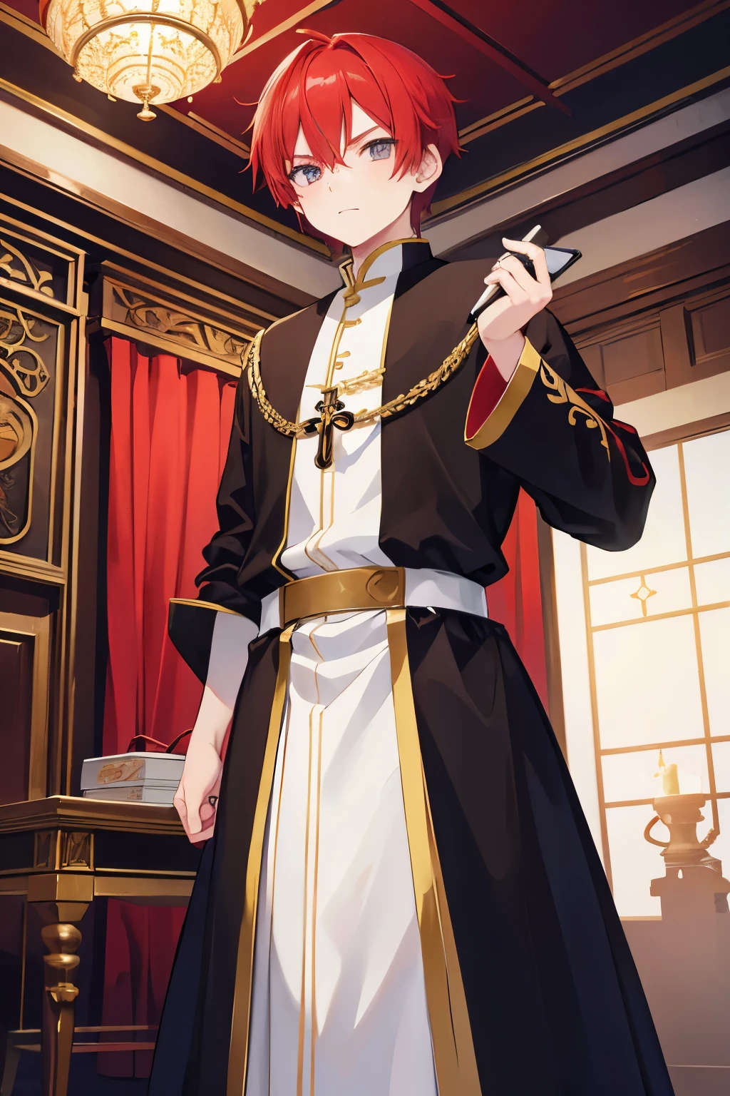 Create a priest, Anime pattern, Red-Haired, boxer, masculine, cassock