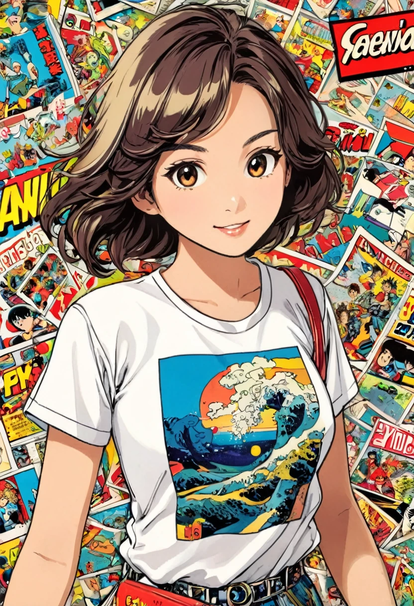 young girl，t- shirt，white，Art，retro style，comic collage, no smilling, anime style