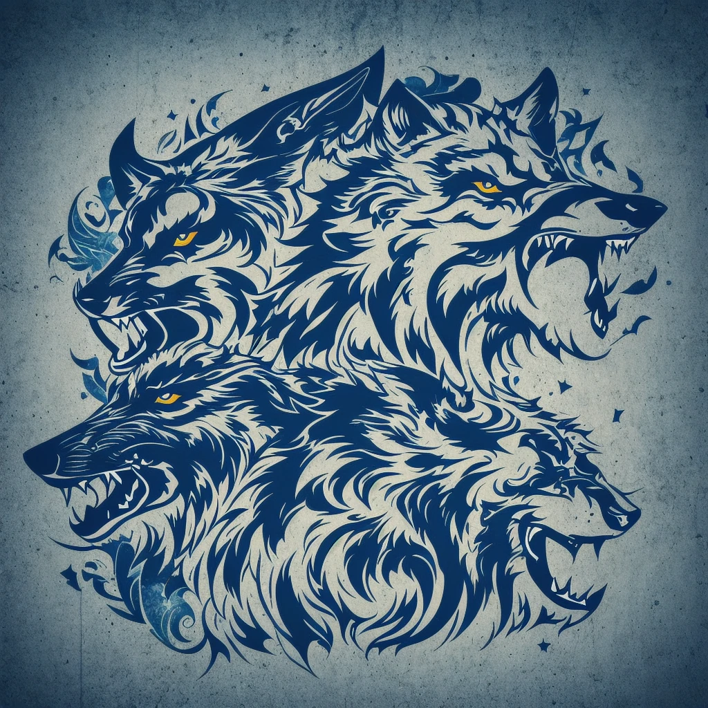 Logo with TEAM WOLVES writing, wolf line art logo, black and dark blue background, bright blue, minimal and solid — WOLVES