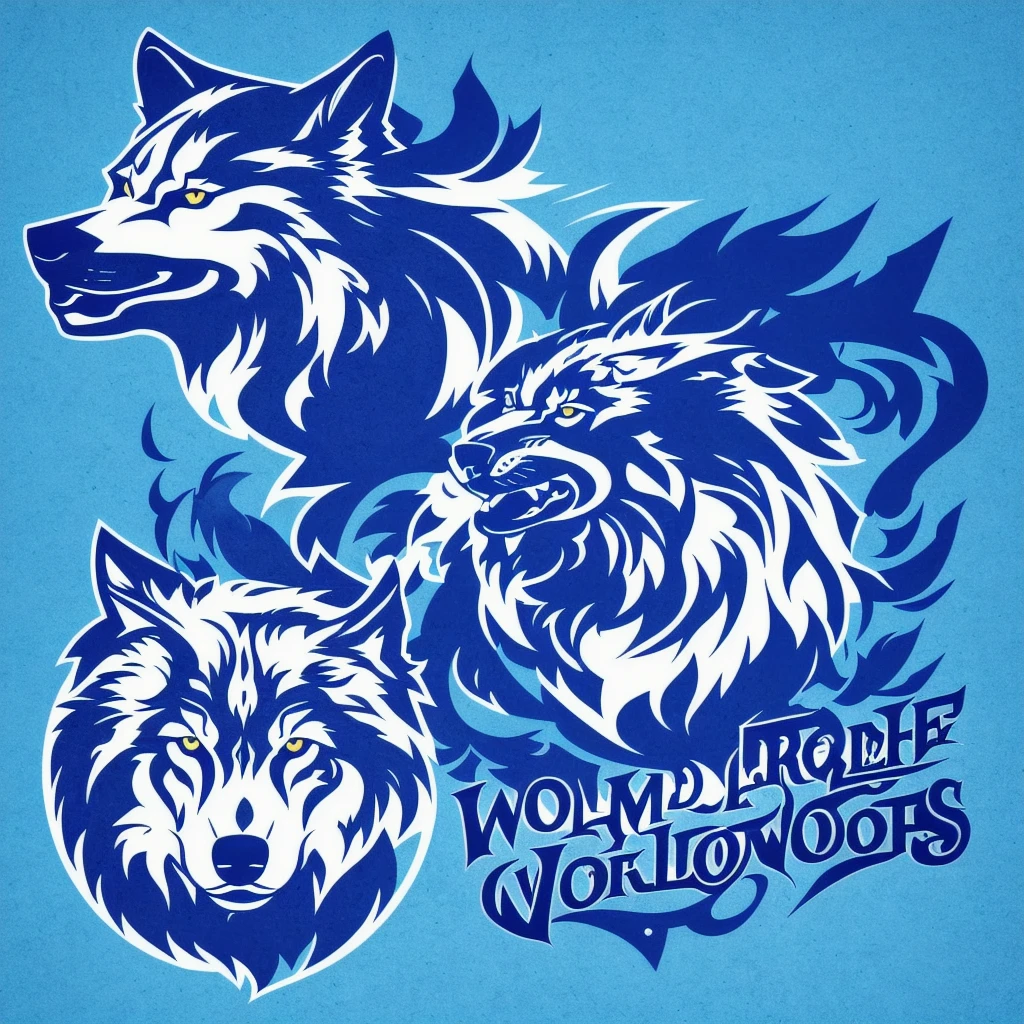 Logo with TEAM WOLVES writing, wolf line art logo, black and dark blue background, bright blue, minimal and solid — WOLVES  