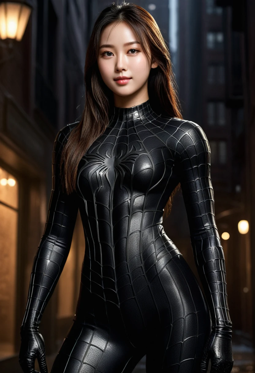 score_9, score_8_up, score_7_up, best quality, realistic, masterpiece, beautiful detail, hyperrealistic, (1girl, woman body, smile), :1, amazing detailed full body portrait of a beautiful ulzzang girl, defined muscle girl, wearing a realistic and highly detailed black raimi spider-man suit, ((huge muscular girl)), professional model wears ultra - detailed black raimi spider - man suit, ultra - detailed and grained black raimi spiderman suit, suit covered entire body and hand, black spiderman gloves, wet, (looking at camera), ellegant pose, (full body), ( skin), close up, octane render, highly detailed, volumetric, dramatic lighting, (highest quality:1.1), (HDR:1.3), (top quality, best quality), realistic, high definition,
