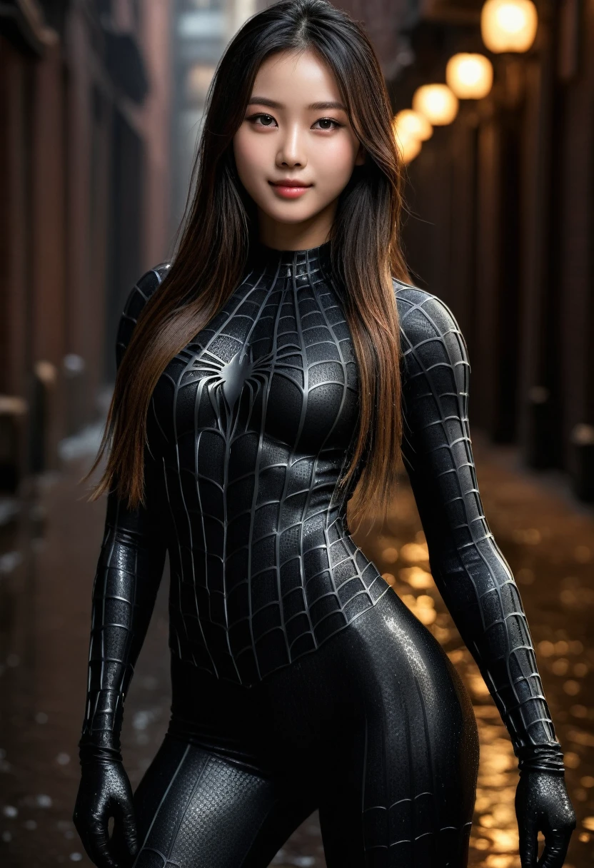 score_9, score_8_up, score_7_up, best quality, realistic, masterpiece, beautiful detail, hyperrealistic, (1girl, woman body, smile), big breasts:1, amazing detailed full body portrait of a beautiful ulzzang girl, defined muscle girl, wearing a realistic and highly detailed black raimi spider-man suit, ((huge muscular girl)), professional model wears ultra - detailed black raimi spider - man suit, ultra - detailed and grained black raimi spiderman suit, suit covered entire body and hand, black spiderman gloves, wet, (looking at camera), ellegant pose, (full body), (dirty skin), close up, octane render, highly detailed, volumetric, dramatic lighting, (highest quality:1.1), (HDR:1.3), (top quality, best quality), realistic, high definition,
