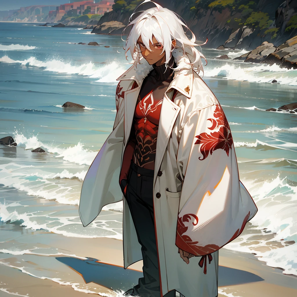 1male, young adult, dark skin, finely detailed crimson eyes, wild medium hair, seashell white hair color, long sleeve turtleneck sweater, oversized fur coat, standing on coast, day time, beach, somber expression, muscular, flowers, tattoos