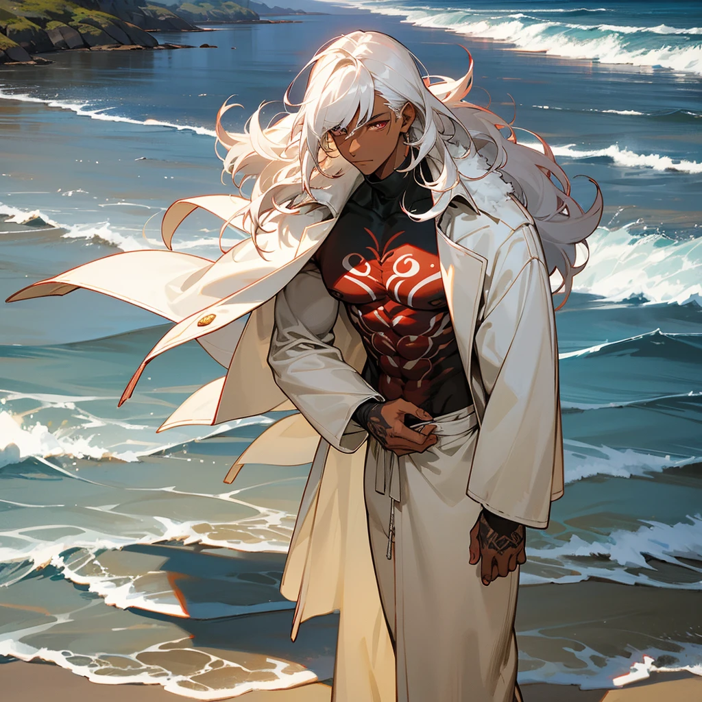 1male, young adult, dark skin, finely detailed crimson eyes, wild medium hair, seashell white hair color, long sleeve turtleneck sweater, oversized fur coat, standing on coast, day time, beach, somber expression, muscular, flowers, tattoos