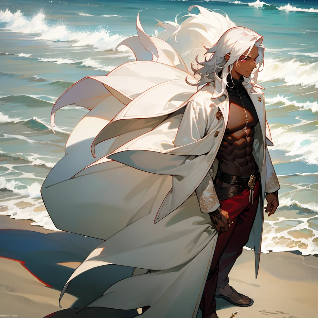 1male, young adult, dark skin, finely detailed crimson eyes, wild medium hair, seashell white hair color, long sleeve turtleneck sweater, oversized fur coat, standing on coast, day time, beach, somber expression, muscular, flowers, tattoos