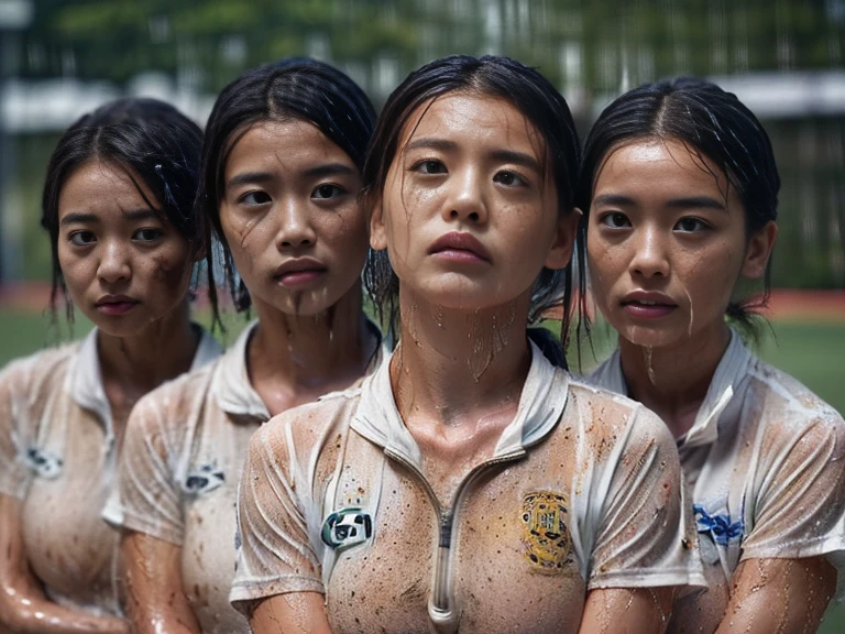 (A plain white short sleeved dirt stained field hockey uniform with a very tight white half zip:1.7)、(A large, dirt-stained, white, square collar: 1.6)、(Red clay ground:1.5)、My hair is wet and messy、(Beautiful Japanese woman covered in dirt:2.0)、Highest quality, masterpiece, Ultra-high resolution, Photorealistic, Raw Photos,Detailed face,(All women with muscular arms:2.0), (Fastener open: 1.8), (Upper body zoom up:1.0),(Everyone wears the same clothes:1.0), All members are super beauties, (Three beautiful Japanese women standing in a row facing the camera: 1.5), (Hair tied up: 1.4), (Depressed expression: 2.0), Bright photo, (My whole body is drenched in rain: 1.8)