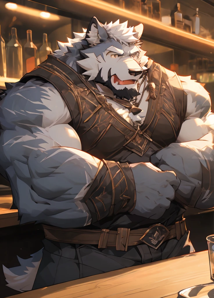 （masterpiece），（Very detailed），（best quality），solitary，hairy，Wolf，Gray blue fur，White hair，black beard，muscular，Strong body，Mercenary Outfit，Open，Bar Background，8K，indifferently（（high quality））
