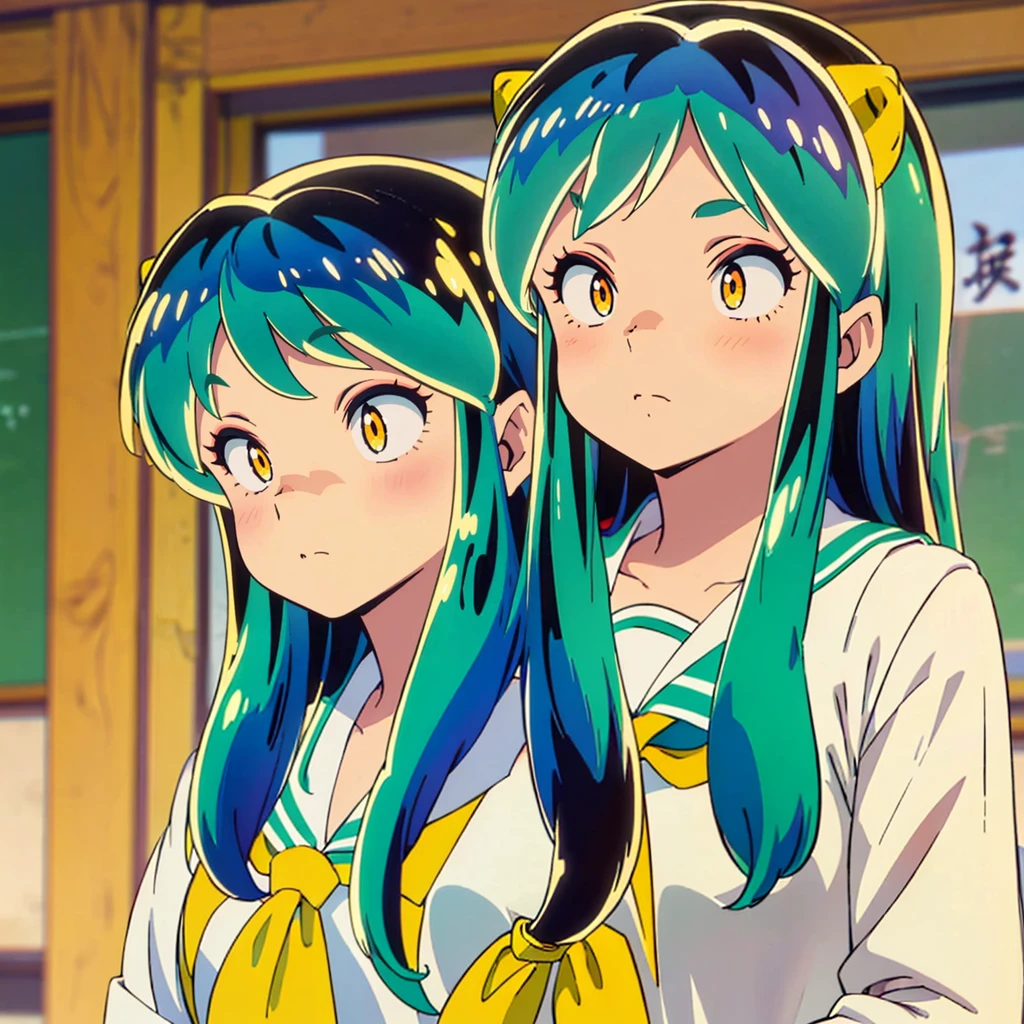 masterpiece, Highest quality, 1 Girl, Lum, Charm, 18-year-old, anime, sexy, blush, Close-up of face, Squint your eyes and laugh, Japan, Green Hair, High definition, nose blush, Sailor suit, Summer clothes, classroom, Yellow neckerchief, uniform, Navy blue collar