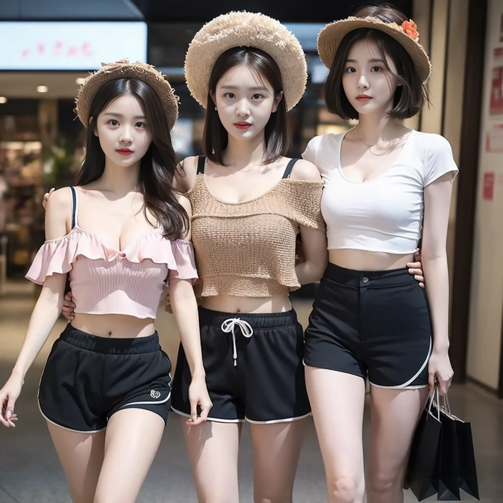((best quality, 8K, masterpiece: 1.3)), (Flower Hat: 1.3), Key Points: 1.2, Perfect body beauty: 1.4, Hips: 1.2, (Layered Hairstyle: 1.2)), (Dark Street: 1.3), Highly detailed face and skin textures, whole body, Beautiful eyes, Double eyelids, Skin Whitening, Long hair, (Round Face: 1.5), (Loose cropped top, shorts: 1.6) Cleavage highlights pleated skirt leaking long legs, ((shopping center)),A girl