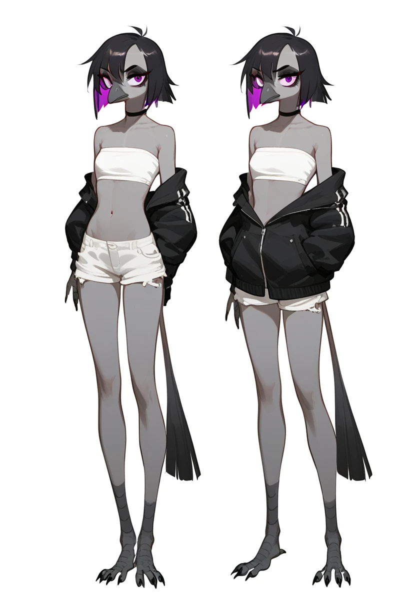 Score_9, score_8_up, score_7_up, flat colors, an Anthropomorphic avian crow girl, female, small grey beak, tall and slender, small crow tail, grey body, standing, white background, purple eyes, short black emo hair, hands with five fingers, wearing white bandeau, white short shorts, full body shot, plantigrade bird feet with three toes,