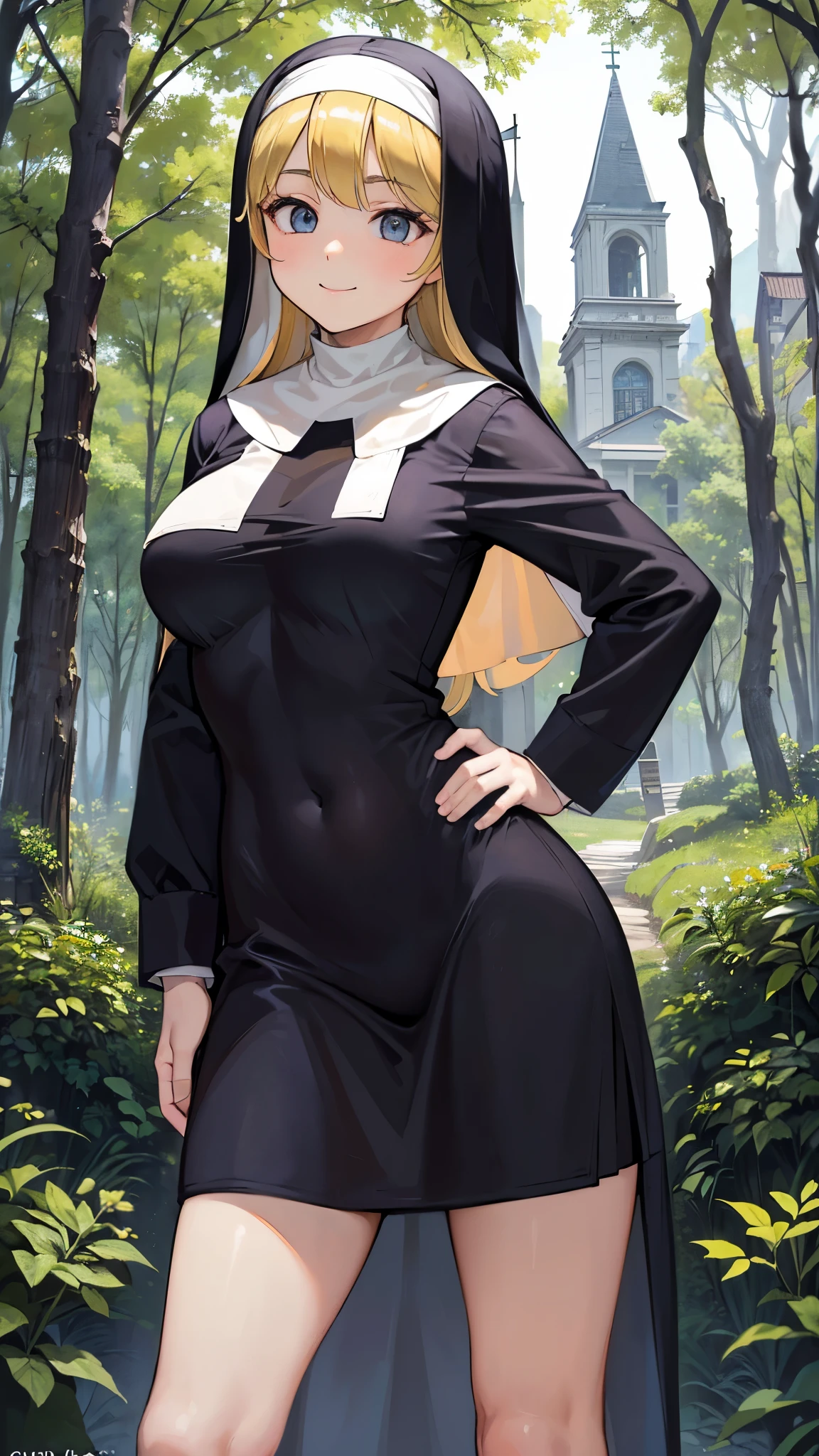 (masterpiece:1.3, Highest quality, Ultra-high resolution, Very detailed), (Realistic:1.1, photoRealistic:1.4), Beautiful illustrations, Perfect lighting,Written boundary depth, Beautiful detailsまでこだわった髪, Beautifully detailed face, Beautiful details, Beautiful clavicle, Beautiful body, Beautiful juicy breasts, Beautiful thighs, Beautiful feet, View your viewers, 1 Girl,Perfect Face, (Perfect Anatomy, Anatomically correct), Cute and symmetrical face、 ((Lustrous long blonde hair)) (((nun))) (Beautiful views), (in the forest, Church in the distance), Are standing, (Put one hand on your hip), (Cute Smile, smile)、Sexy Body