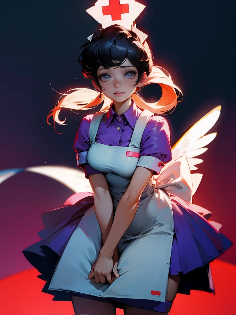 Nurse&#39;s joy、(hair ring)、Pokémon Center、peach hair、peach hair、peach hair、of the highest quality、Masterpiece、An illustration、(real、photorealistic:1.37)、amazing、fine details、incredibly absurd、huge file size、Ultra-details、high resolution、Highly detailed CG Unity 8k wallpaper、ray tracing、NSFW、naked、Mature woman with colossal breasts、orgasm、blush、ピンクの髪を両側の 2 つのhair ringに結んだ若いMature woman with colossal breastsのかわいいrealな絵頭と前髪。she中央に赤い十字が入った非常に大きなバストを露出した白いナースキャップをかぶり、wearing a white apron。she、Colorful cartoon monster standing in the background of an examination room designed as a spotlight。少しblushした可愛らしい表情をしています。
