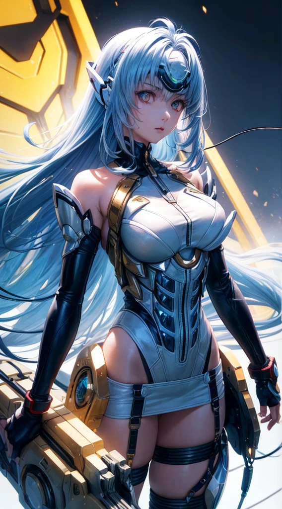 top-quality、masterpiece、超A high resolution、(Photorealsitic:1.4)、1人、Light blue hair、Straight hair, shiny and clean hair、White shiny skin、Sexy Cyberpunk Girl、((super realistic details))、Shadow、octan render、ultrasharp、hyperdetailed face、Fiberglass、Luminous tube、highly intricate detail、Realistic light、CGSoation Trends、((Golden Eyes))、(Facing the camera)、neon details、Mechanical limbechanical vertebrae attached to the back、mechanical cervical attaching to neck、Wires and cables connecting to the head、((valkyrie))、((Beam Cannon))、Combat stance