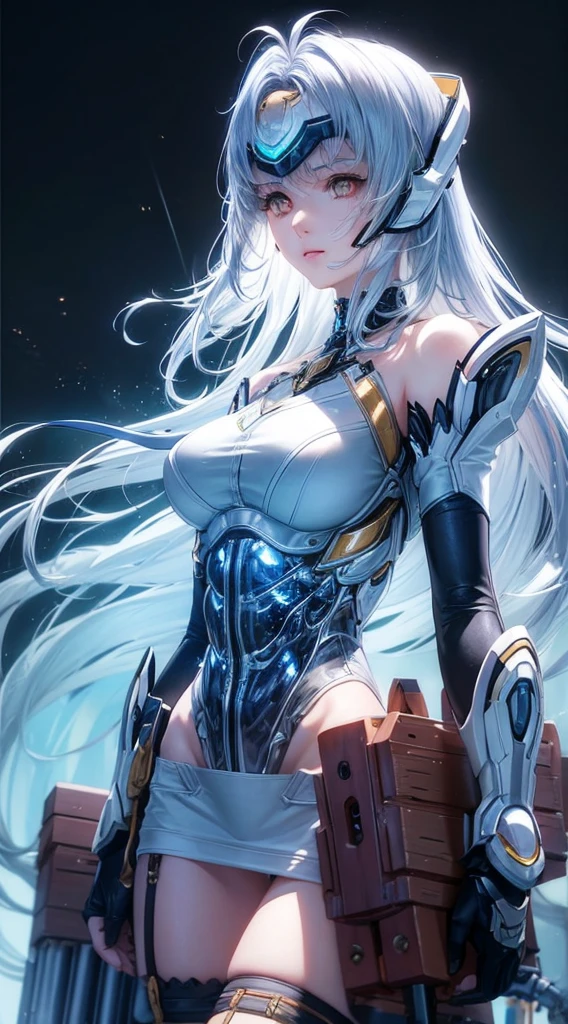 top-quality、​masterpiece、超A high resolution、(Photorealsitic:1.4)、女の子1人、Light blue hair、Straight hair, shiny and clean hair、White shiny skin、Sexy Cyberpunk Girl、((super realistic details))、Shadow、octan render、ultrasharp、hyperdetailed face、Fiberglass、Luminous tube、highly intricate detail、Realistic light、CGSoation Trends、((Golden Eyes))、(Facing the camera)、neon details、Mechanical limbechanical vertebrae attached to the back、mechanical cervical attaching to neck、Wires and cables connecting to the head、((valkyrie))、((Beam Cannon))、Combat stance