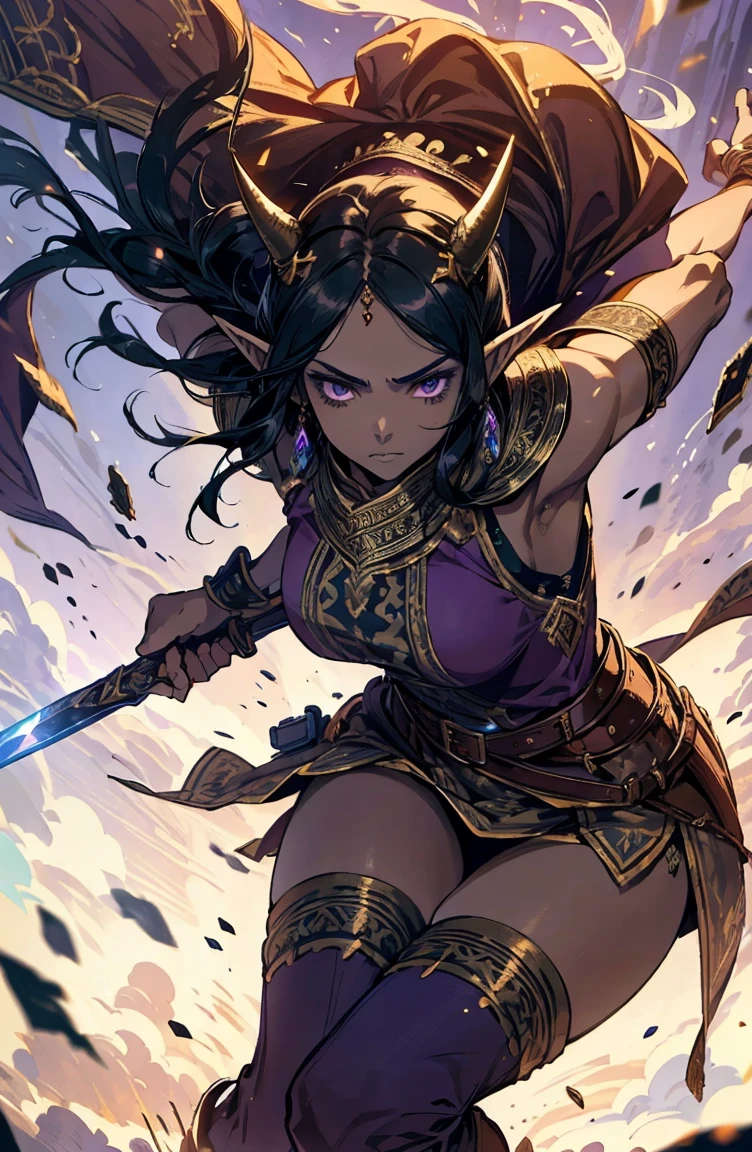 brown skin, older woman, sexy, tall, brown skin, one wing, black hair, elf, elf ears, horns, sleeveless, warrior, sword, purple, dramatic compositions, dramatic shadows