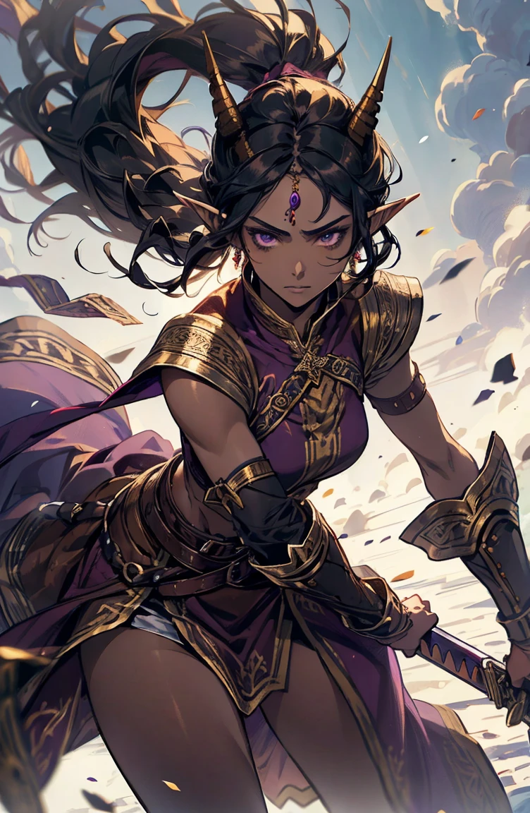 brown skin, older woman, sexy, tall, brown skin, one wing, black hair, elf, elf ears, horns, sleeveless, warrior, sword, purple, dramatic compositions, dramatic shadows