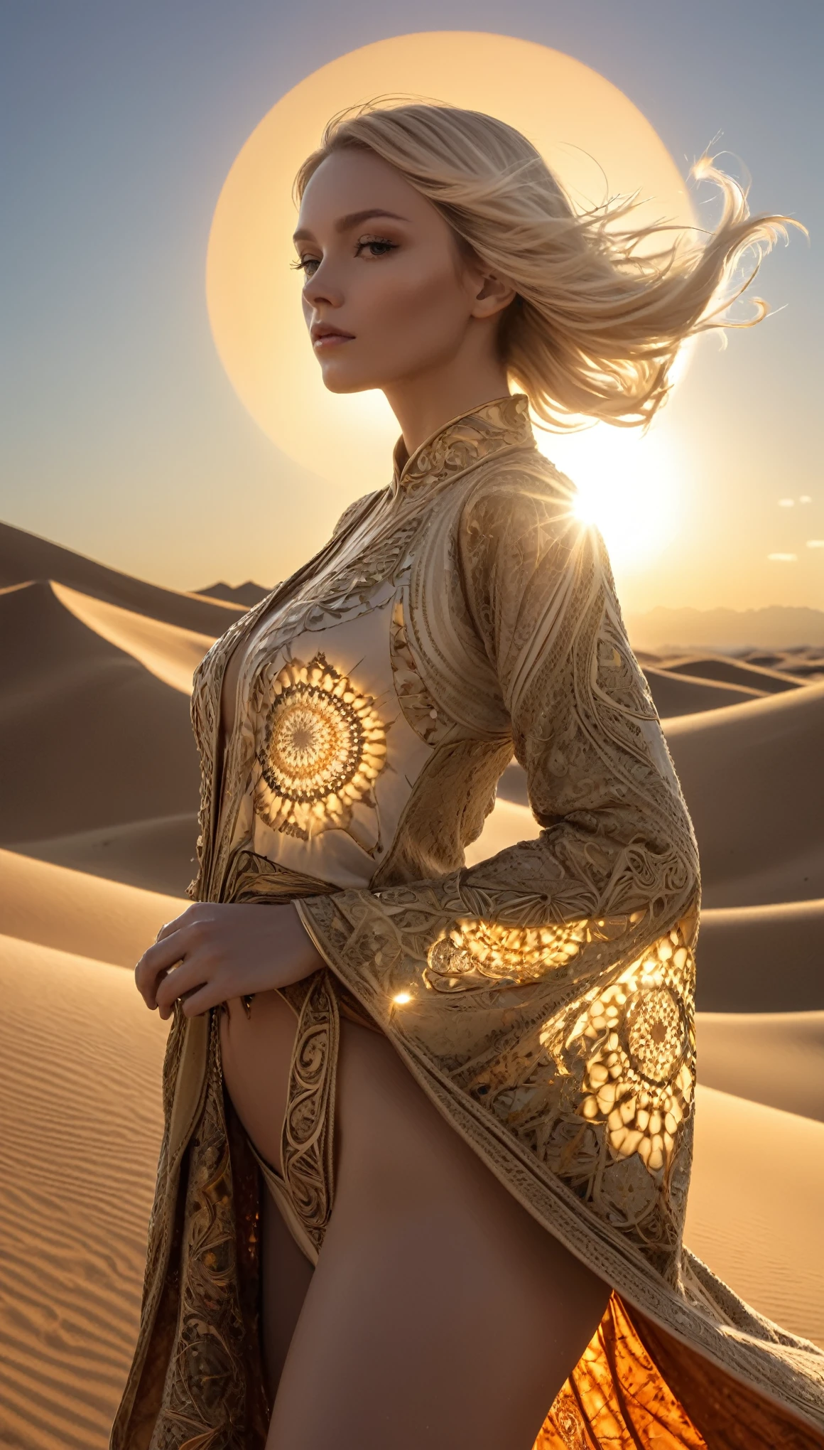 1girl, beautiful and aesthetic:1.2), ,extreme detailed, (fractal art:1.3),colorful, highest detailed, just wear top clothes, open clothes ,pale skin ,the creamy smooth skin, Peder Balke, art _style,desert,setting sun,backlighting,cloud,4k,ornate and intricate
