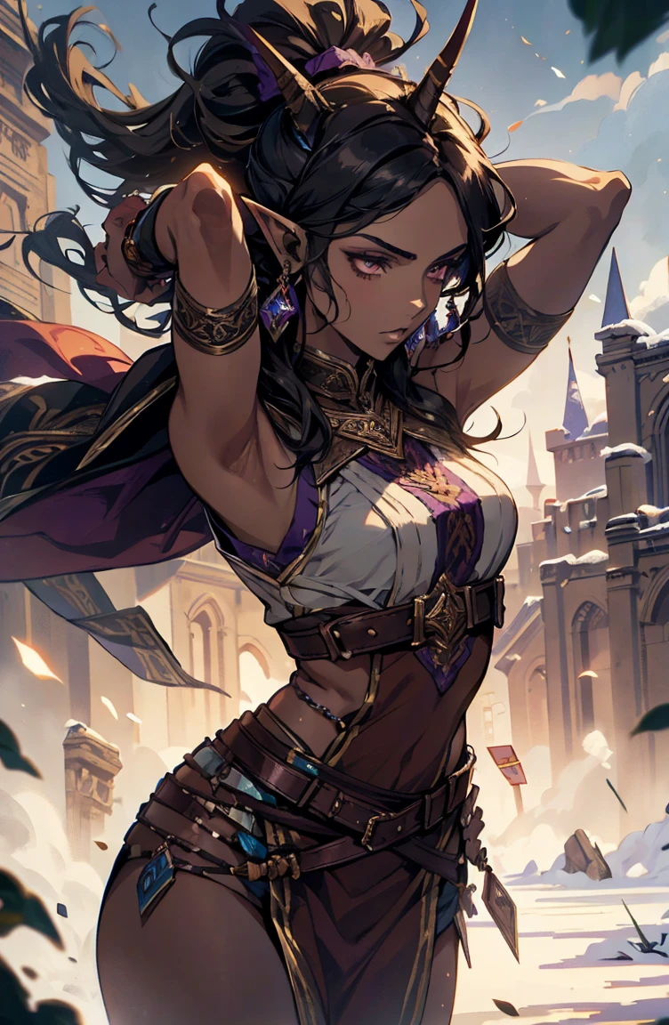 brown skin, older woman, sexy, tall, brown skin, one wing, black hair, elf, elf ears, horns, sleeveless, warrior, sword, purple, dramatic compositions, dramatic shadows