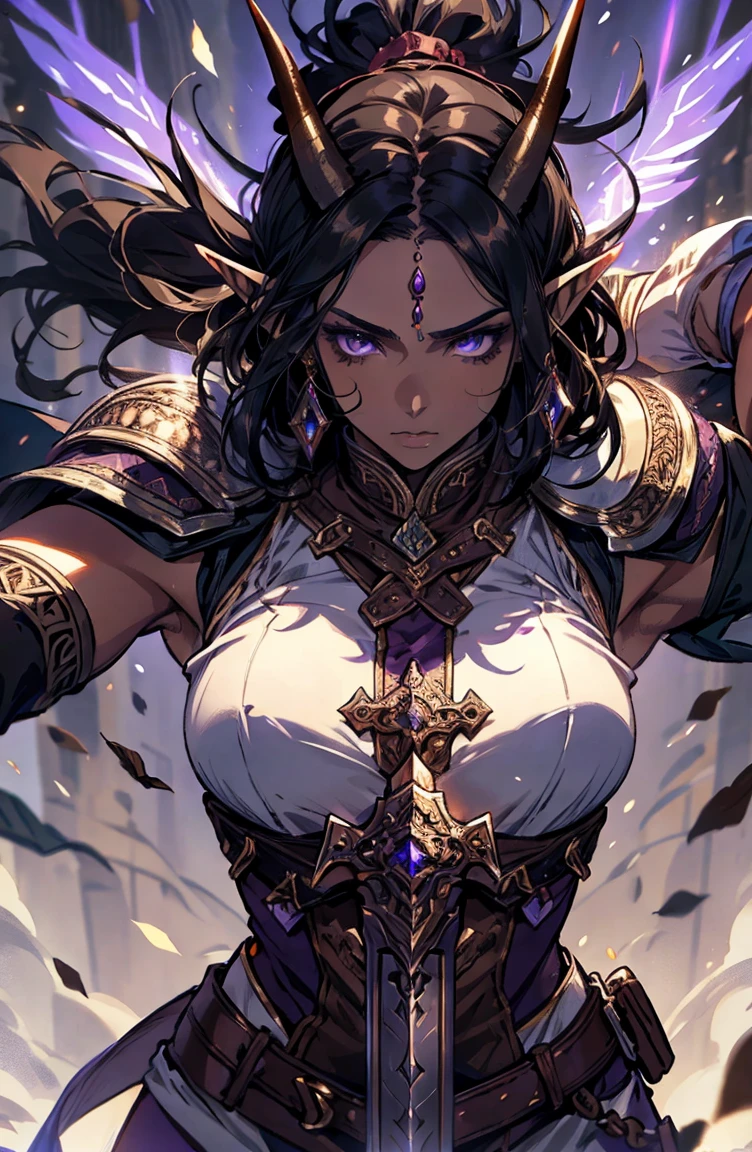 brown skin, older woman, sexy, tall, brown skin, one wing, black hair, elf, elf ears, horns, sleeveless, warrior, sword, purple, dramatic compositions, dramatic shadows