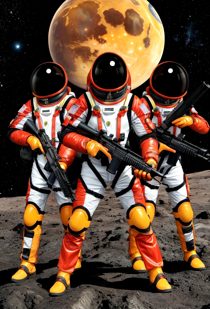 Tomato aliens invading Earth、Head is a tomato、The eyes are lifted、Wearing a space suit、With a rifle in his hand、There are 3 of them