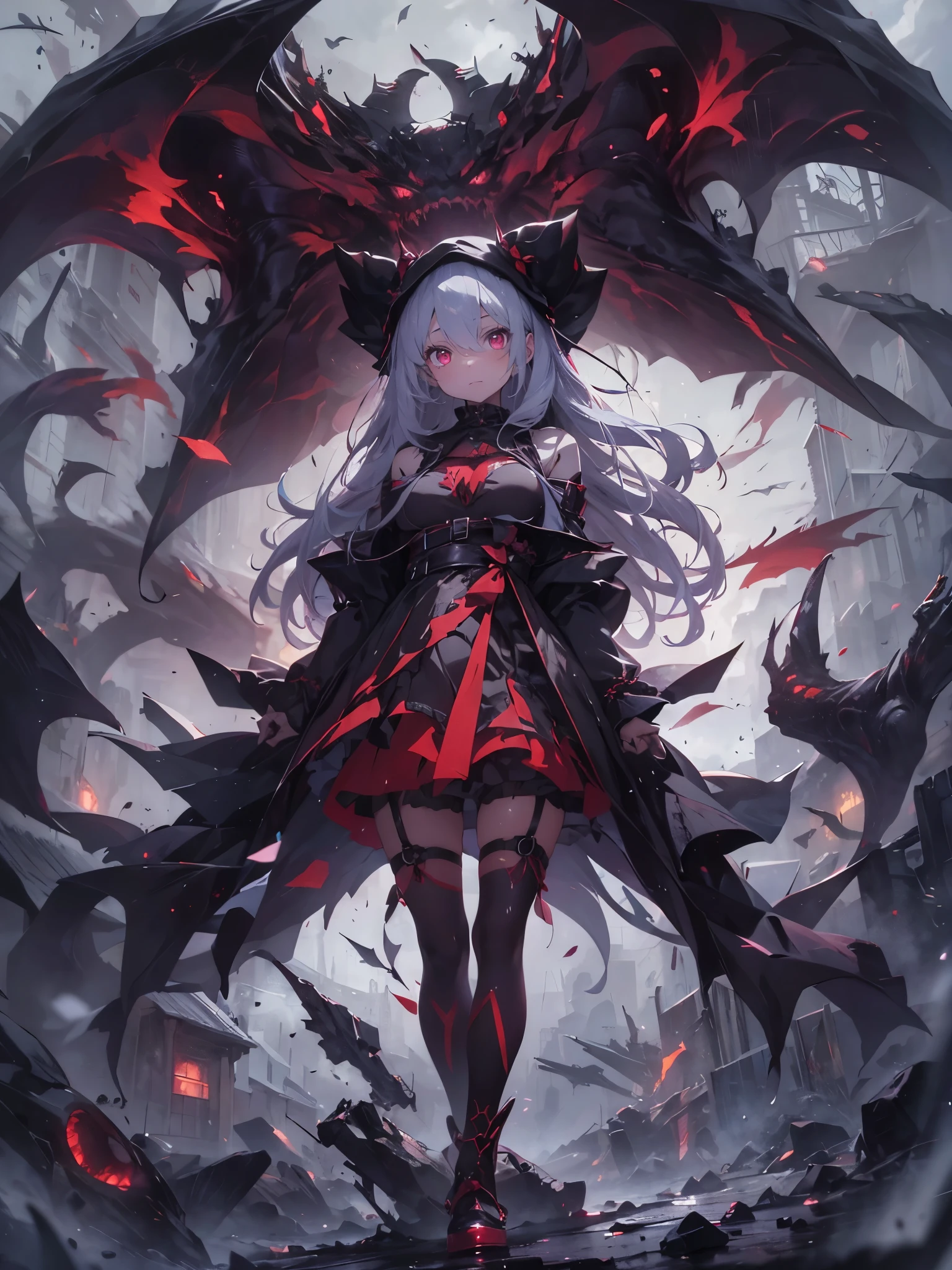 Young girl with long eyelashes、In a realm of darkness and despair, A mysterious figure appears — an anime girl surrounded by an aura of sinister charm. Slimming,Small breasts, Her presence attracts attention. Her sharp, Crimson eyes pierce the dark atmosphere., Revealing the depths of inner darkness.The girl's pale skin、In contrast to the silver hair, With crimson strands that hint at her mystical nature. She is adorned with a black dress with a high collar., Her cleavage is tantalizingly revealed, The lace pattern stands out,Ribbon trim,Add elegance to her outfit.Her menacing gaze, Enhanced by heterochromia, Lock onto target in attack pose. Demon wings spread from her back, An ominous extension of her dark powers. In her hands, A knife stained thick and red, Evidence of her ruthless nature and deadly intent.Black color palette, Gray, And crimson dominates the scene., It creates a gloomy atmosphere that matches the girl's evil aura.. Shadows dance、It's a realm of sinister intent..Black color palette, Gray, And crimson dominates the scene., It creates a gloomy atmosphere that matches the girl's evil aura.. Shadows dance、It's a realm of sinister intent..With the help of the enhanced Lora model, Intricate details of a girl's eyes, face, And the skin is revitalized, Showcasing the depth and complexity of her character. From above, The viewer observes this haunting presence, Witness the collision of her dark beauty with the eerie surroundings.In the world of "Shadow of the Abysplore、The mystery of the anime girl who became a murderer. Uncover the secret hidden in her crimson eyes,Penetrating deep into the twisted depths of her being. Be careful as she navigates the boundaries between light and dark, Leaving a crimson trail in her wake., Goth Girl, gem,White-haired young girl Small Breasts Asymmetrical Hair crystal wings Wings of Ice ice Perfect hands