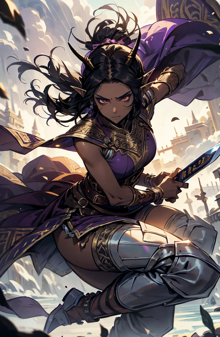 brown skin, older woman, sexy, tall, brown skin, one wing, black hair, elf, elf ears, horns, sleeveless, warrior, sword, purple, dramatic compositions, dramatic shadows