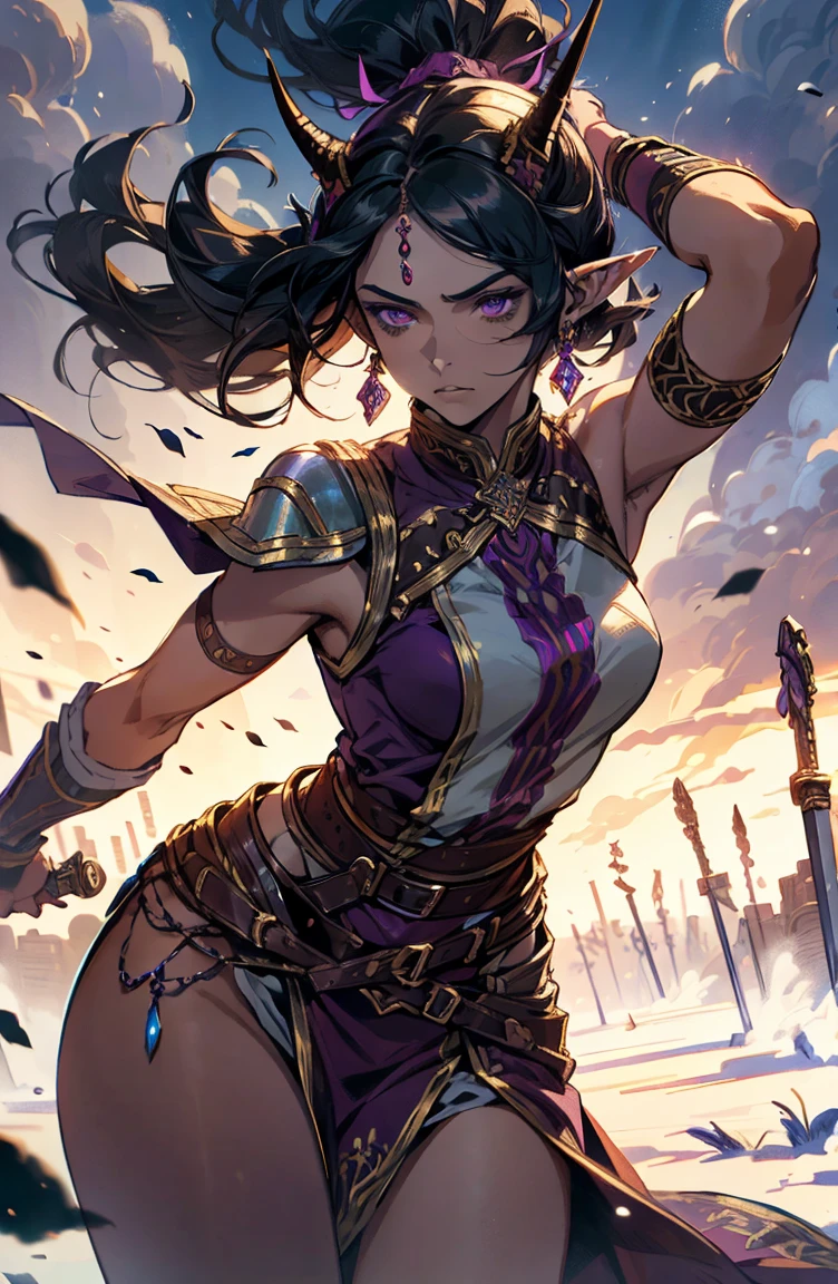 brown skin, older woman, sexy, tall, brown skin, one wing, black hair, elf, elf ears, horns, sleeveless, warrior, sword, purple, dramatic compositions, dramatic shadows