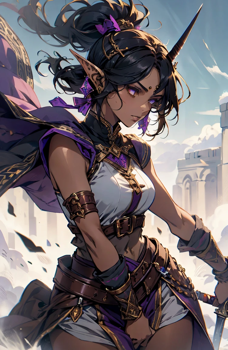 brown skin, older woman, sexy, tall, brown skin, one wing, black hair, elf, elf ears, horns, sleeveless, warrior, sword, purple, dramatic compositions, dramatic shadows