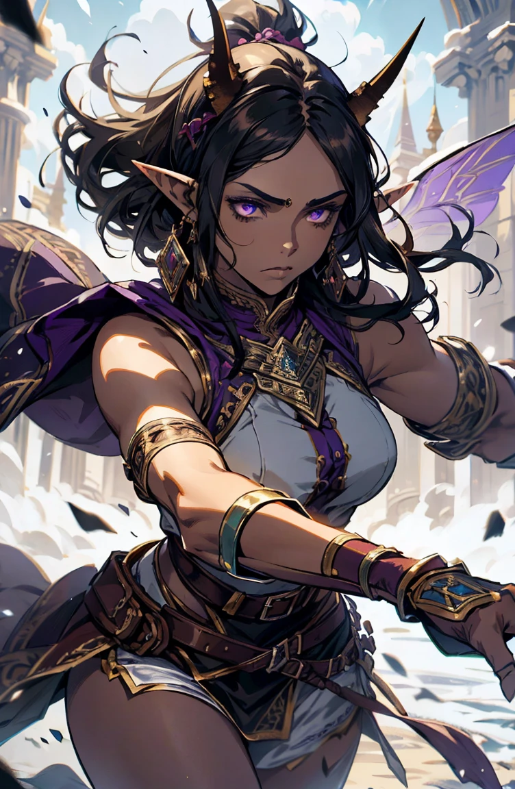 brown skin, older woman, sexy, tall, brown skin, one wing, black hair, elf, elf ears, horns, sleeveless, warrior, sword, purple, dramatic compositions, dramatic shadows