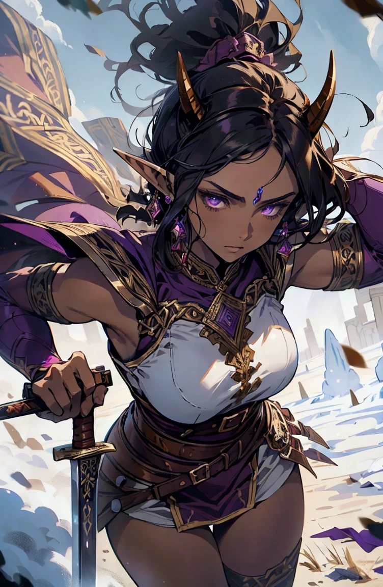 brown skin, older woman, sexy, tall, brown skin, one wing, black hair, elf, elf ears, horns, sleeveless, warrior, sword, purple, dramatic compositions, dramatic shadows