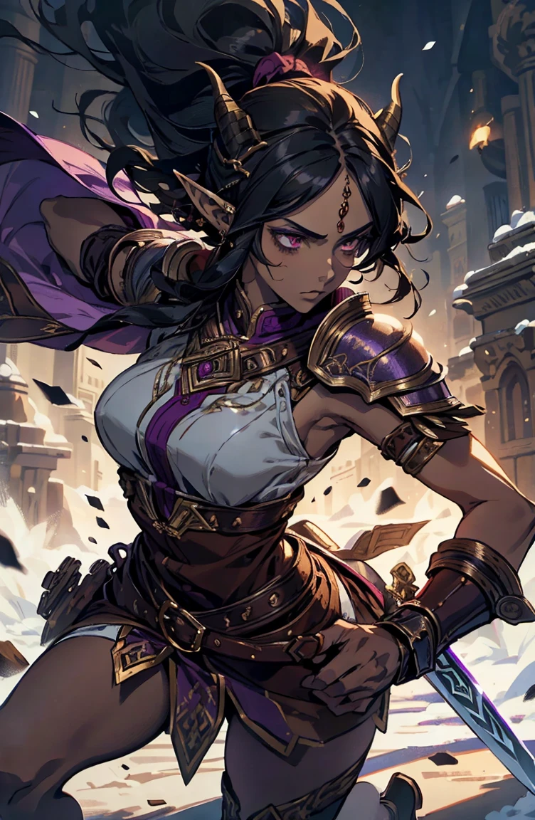 brown skin, older woman, sexy, tall, brown skin, one wing, black hair, elf, elf ears, horns, sleeveless, warrior, sword, purple, dramatic compositions, dramatic shadows
