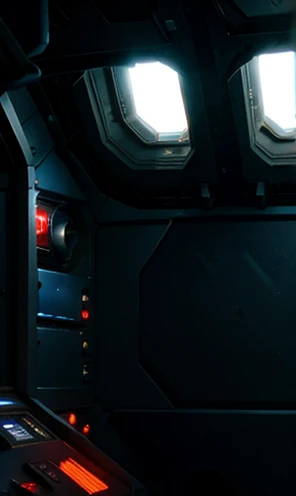 The small spaceship is leaving the main spaceship hangar, image of space pilot in spacecraft cabin 