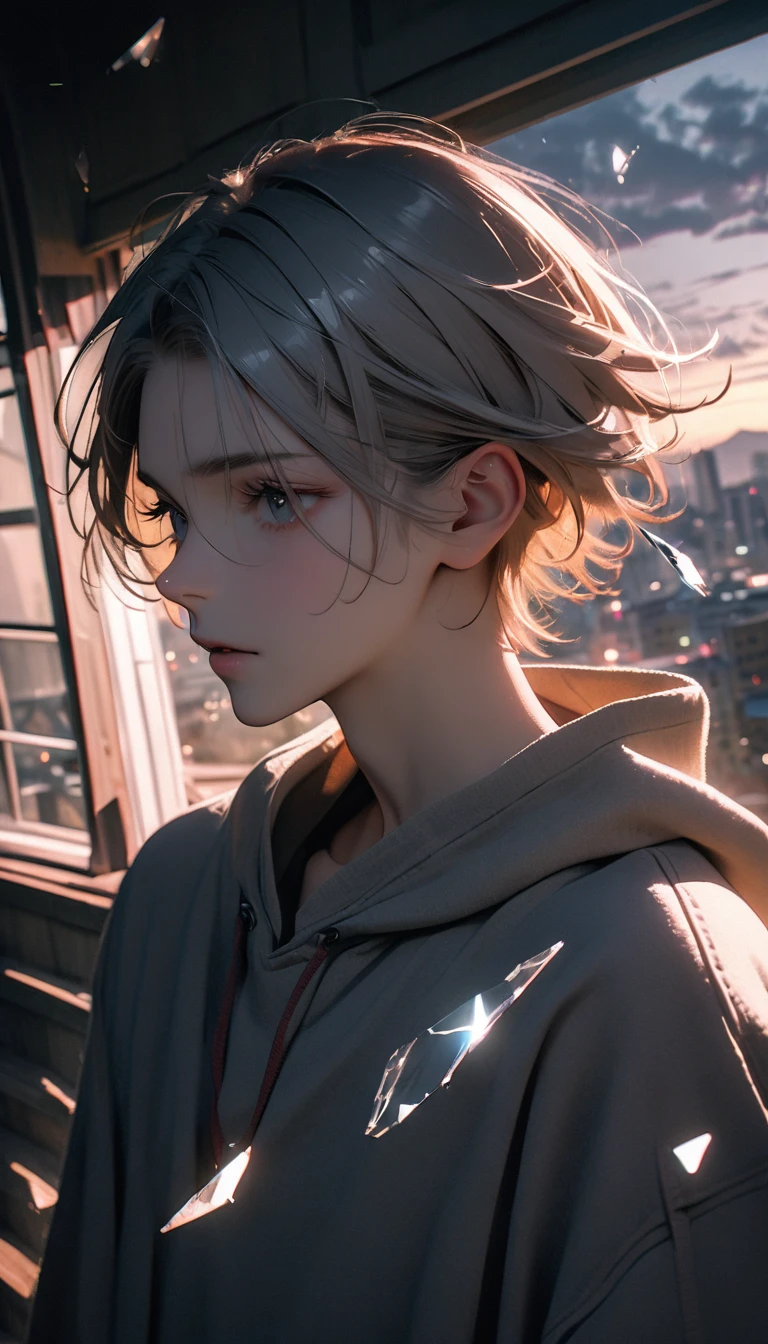 (8K, RAW photos, best quality, masterpiece: 1.4), (((The boy was broken all around))),Ultra-high resolution, Extremely detailed, light, Panorama close-up, handsome boy, black eyes, (delicate eyes, Eyes are bright:1.2), Gray short hair, Fair skin,dark, Grey sweatshirt, sweatshirt with hood,(perfect anatomy:1.2), High-quality shadows, Natural Lighting, (White highlights:1.2), night, cloudy day, (at home:1.2), (Broken glass flying in the air:1.2)