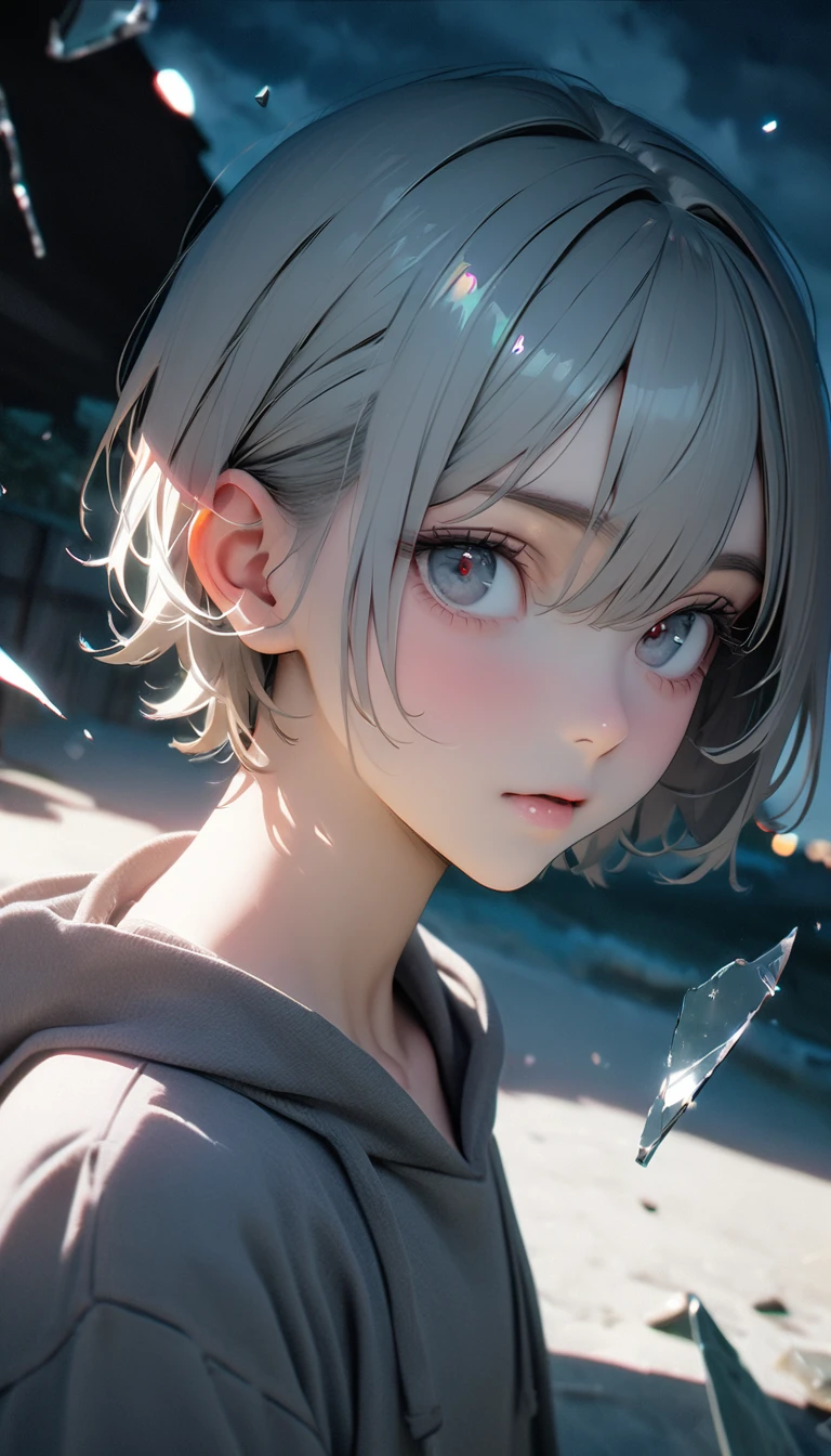(8K, RAW photos, best quality, masterpiece: 1.4), (((The boy was broken all around))),Ultra-high resolution, Extremely detailed, light, Panorama close-up, handsome boy, black eyes, (delicate eyes, Eyes are bright:1.2), Gray short hair, Fair skin,dark, Grey sweatshirt, sweatshirt with hood,(perfect anatomy:1.2), High-quality shadows, Natural Lighting, (White highlights:1.2), night, cloudy day, (at home:1.2), (Broken glass flying in the air:1.2)