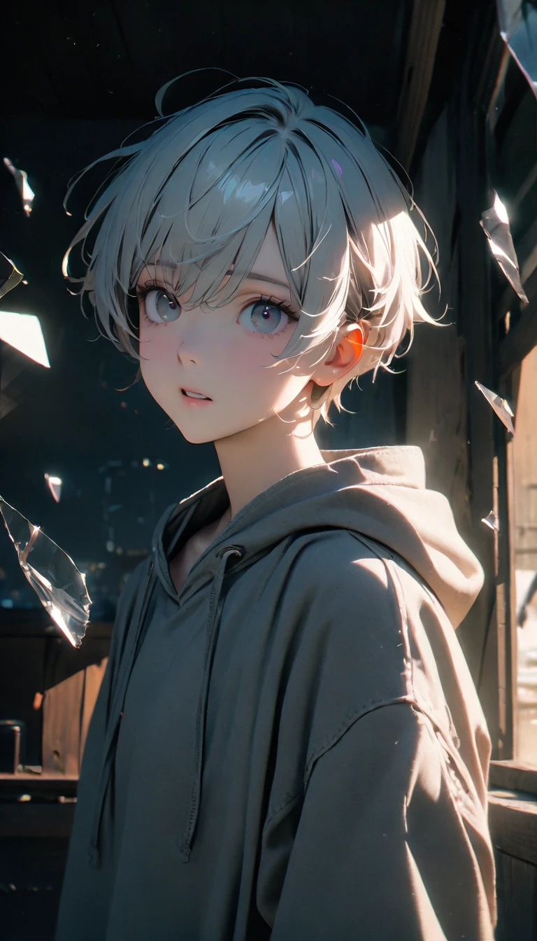 (8K, RAW photos, best quality, masterpiece: 1.4), (((The boy was broken all around))),Ultra-high resolution, Extremely detailed, light, Panorama close-up, handsome boy, black eyes, (delicate eyes, Eyes are bright:1.2), Gray short hair, Fair skin,dark, Grey sweatshirt, sweatshirt with hood,(perfect anatomy:1.2), High-quality shadows, Natural Lighting, (White highlights:1.2), night, cloudy day, (at home:1.2), (Broken glass flying in the air:1.2)
